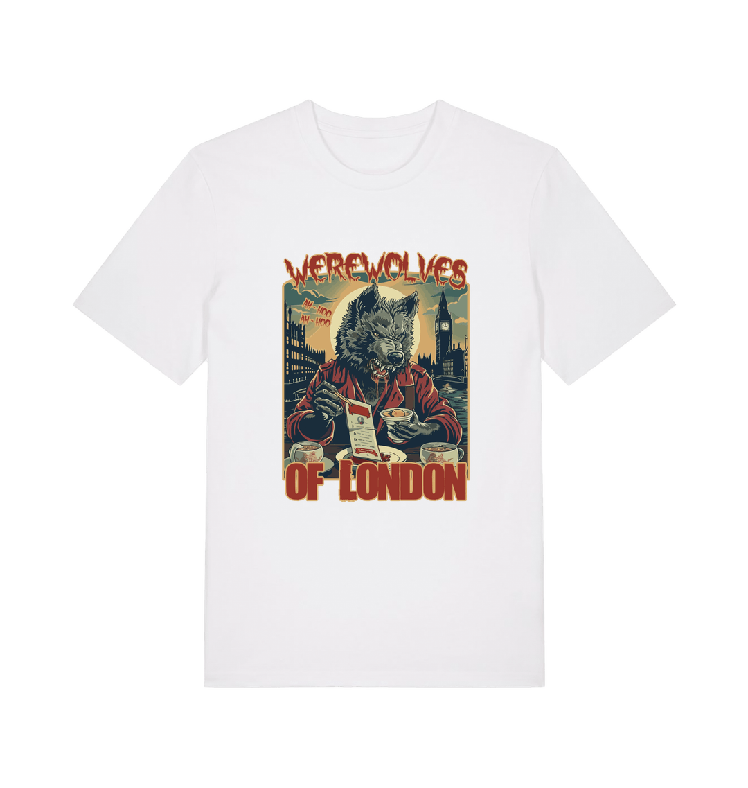 white music t-shirt with the graphic of a werewolf reading a book and the slogan 'werewolves of london'