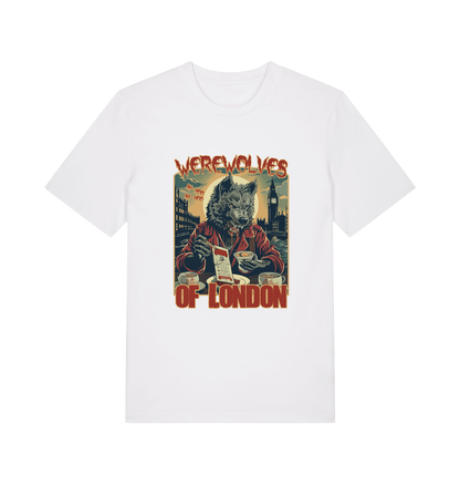 white music t-shirt with the graphic of a werewolf reading a book and the slogan 'werewolves of london'