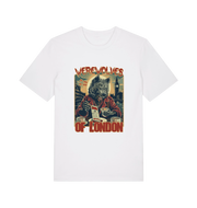 white music t-shirt with the graphic of a werewolf reading a book and the slogan 'werewolves of london'