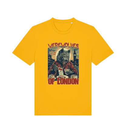 yellow music t-shirt with the graphic of a werewolf reading a book and the slogan 'werewolves of london'