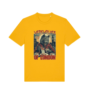 yellow music t-shirt with the graphic of a werewolf reading a book and the slogan 'werewolves of london'
