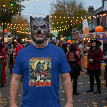 Person wearing a werewolf mask and blue t-shirt with 'Werewolves of London' graphic at a Halloween event.