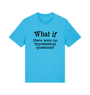 blue funny slogan t-shirt with 'what if there were no hypothetical questions'
