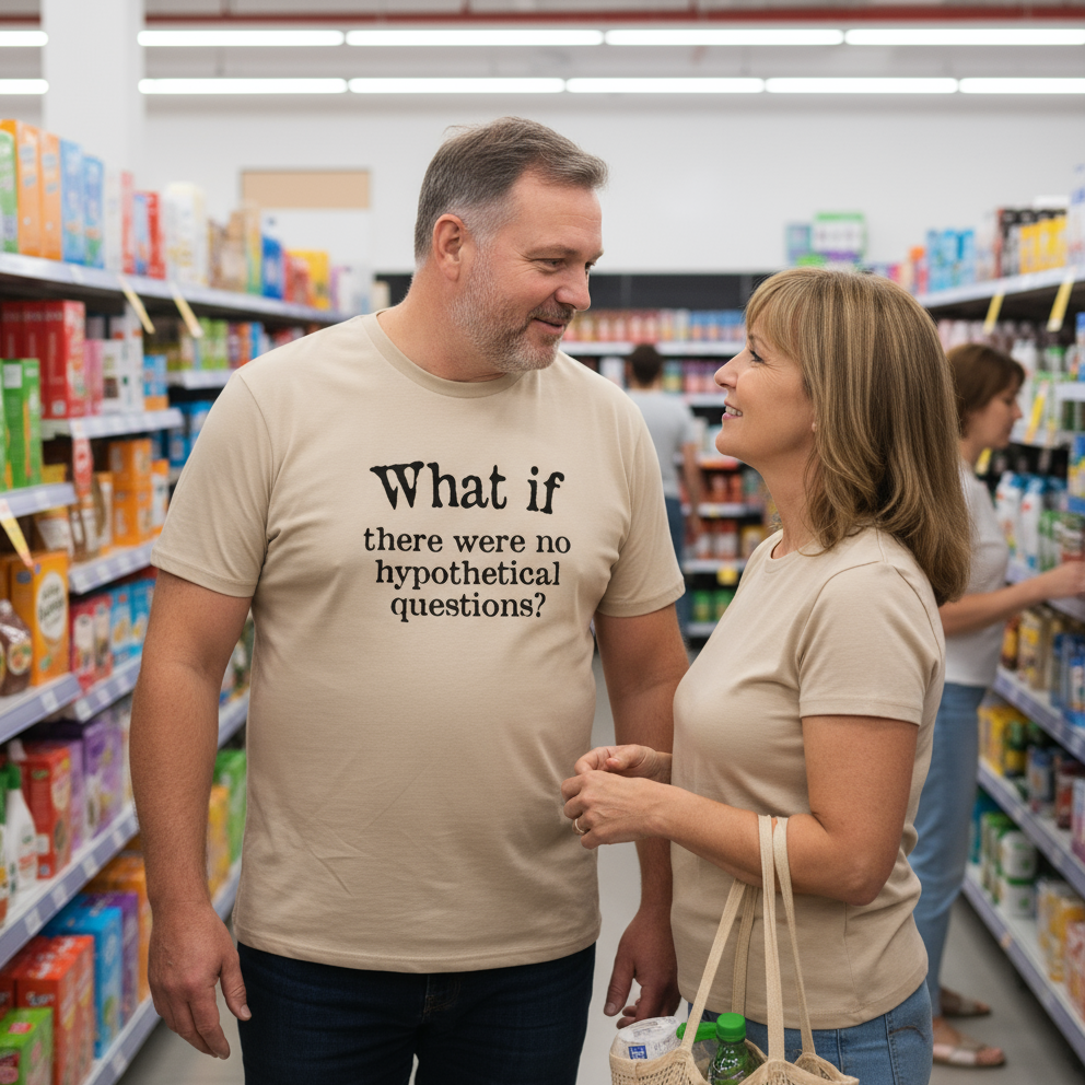 Man and woman standing in a grocery store aisle, both wearing beige t-shirts.
