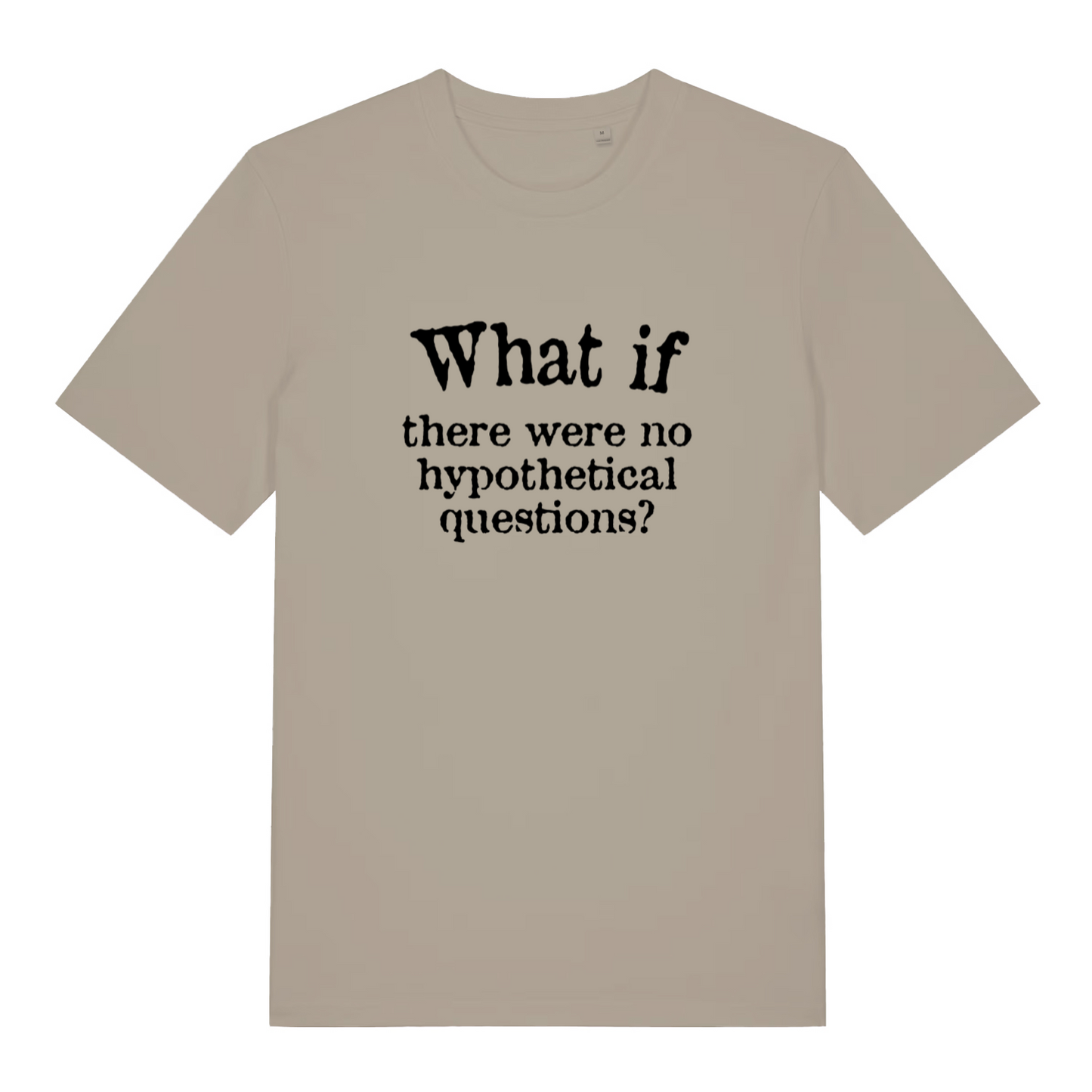 stone funny slogan t-shirt with the text 'what if there are no hypothetical questions'