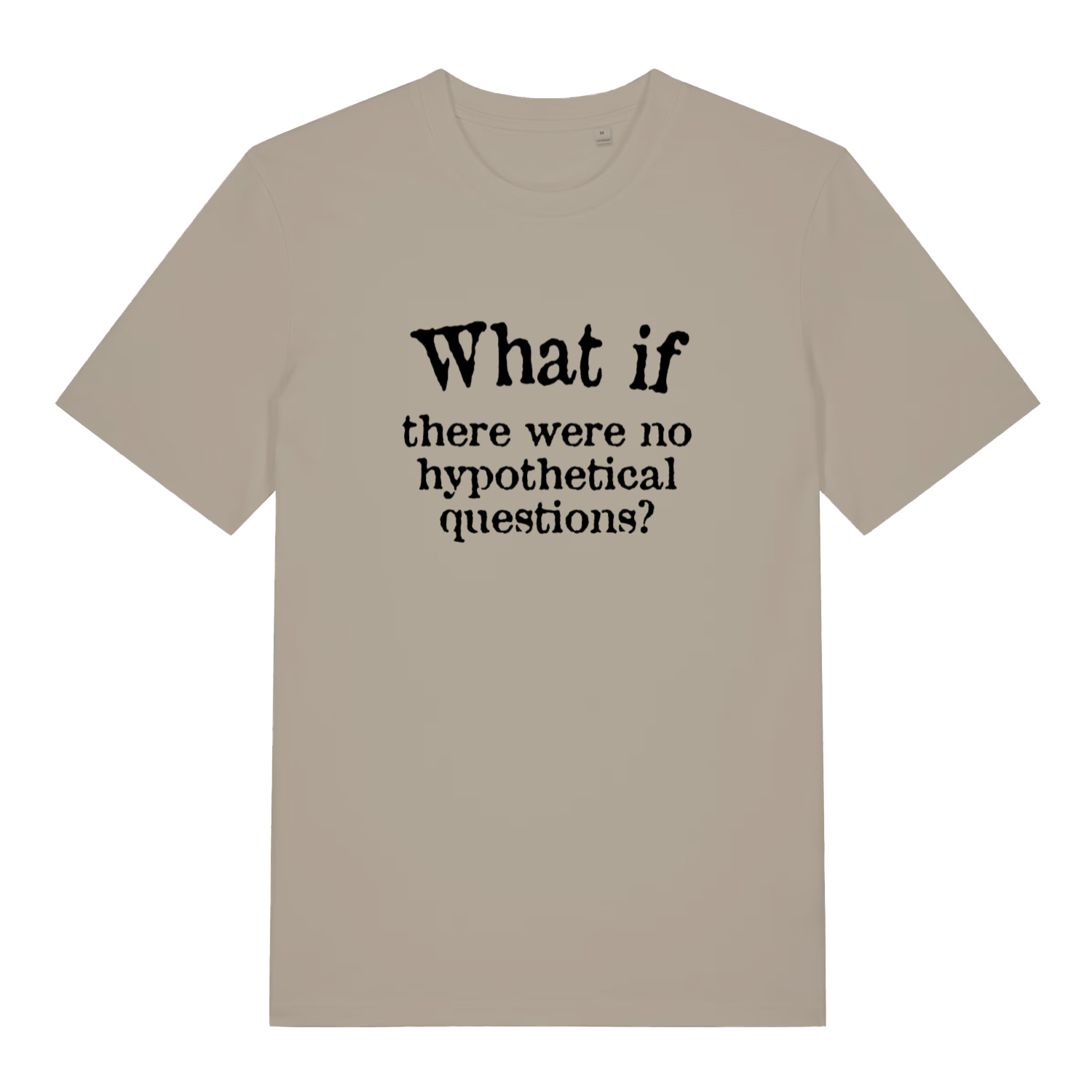 stone funny slogan t-shirt with the text 'what if there are no hypothetical questions'