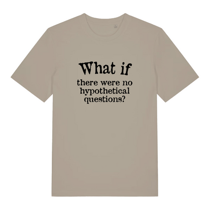 stone funny slogan t-shirt with the text 'what if there are no hypothetical questions'