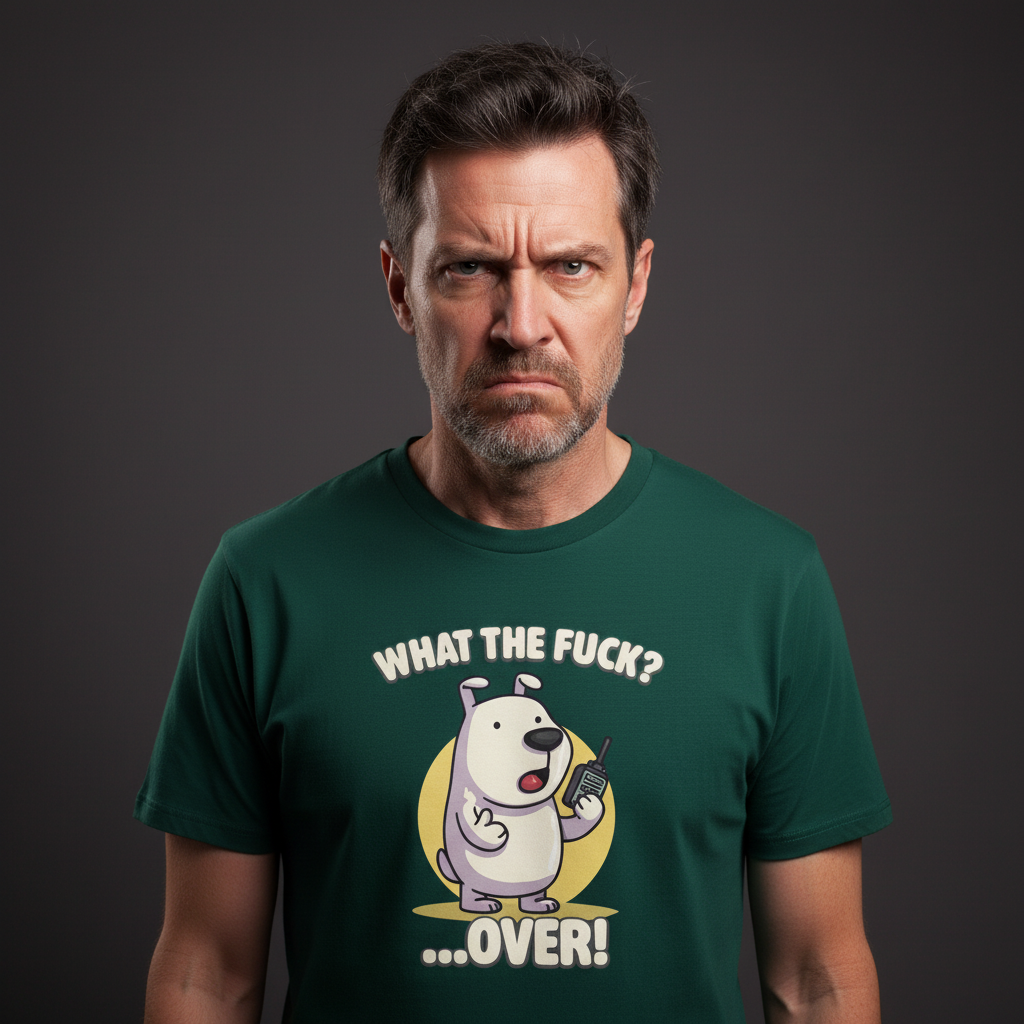 Man wearing a green t-shirt with a graphic design and text on a dark background