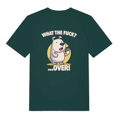 green funny animal t-shirt with the graphic of a cartoon dog holding a walkie talkie and the slogan 'what the fuck over'