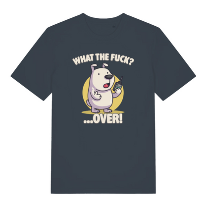 ink grey funny animal t-shirt with the graphic of a cartoon dog holding a walkie talkie and the slogan 'what the fuck over'