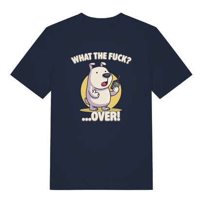 navy funny animal t-shirt with the graphic of a cartoon dog holding a walkie talkie and the slogan 'what the fuck over'