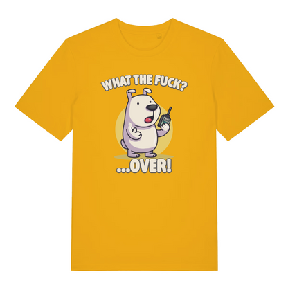 yellow funny animal t-shirt with the graphic of a cartoon dog holding a walkie talkie and the slogan 'what the fuck over'