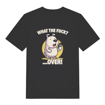 black women's funny animal t-shirt with the graphic of a dog talking into a walkie talkie and the slogan 'what the fuck over'