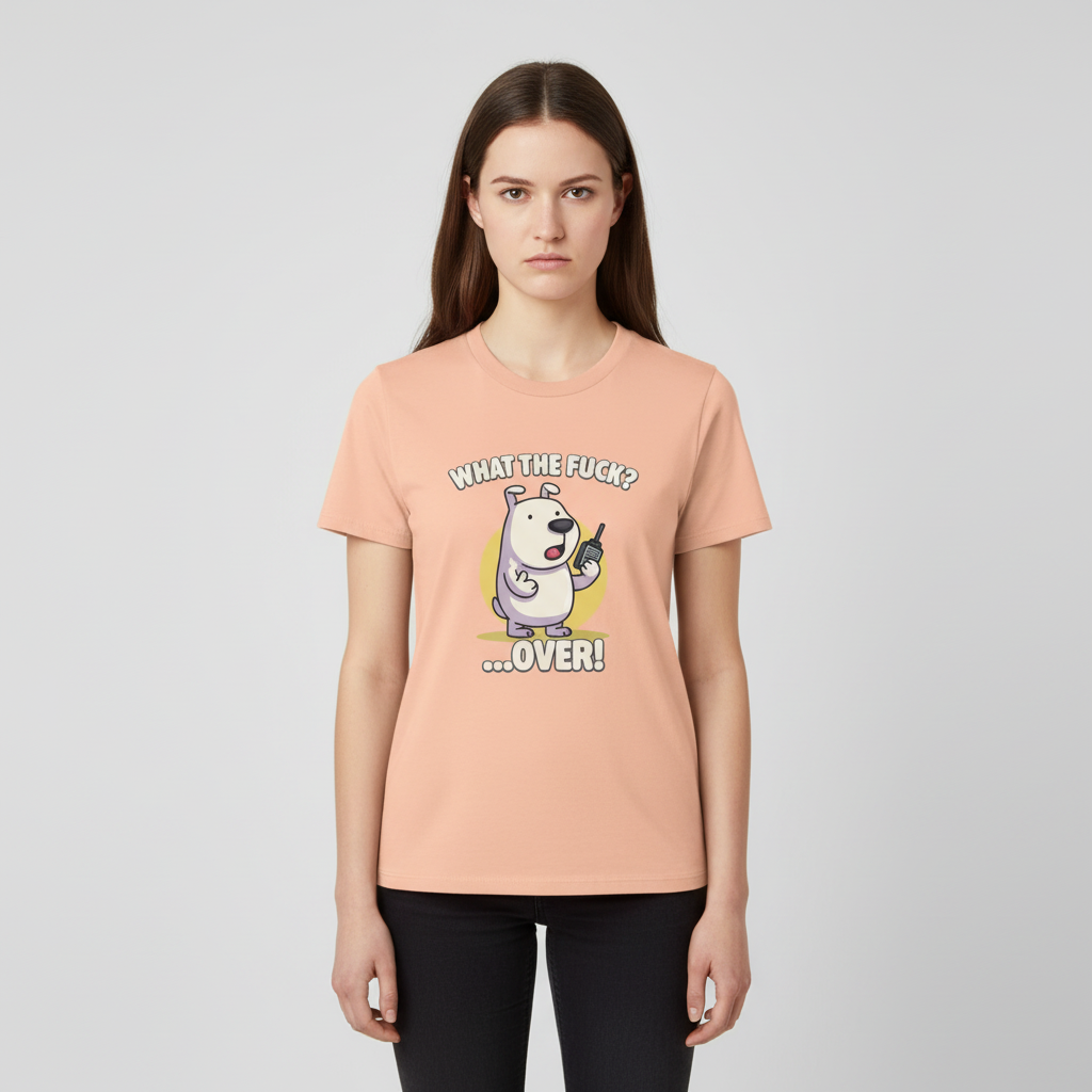 Person wearing a peach t-shirt with a graphic and text on a light gray background