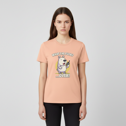 Person wearing a peach t-shirt with a graphic and text on a light gray background