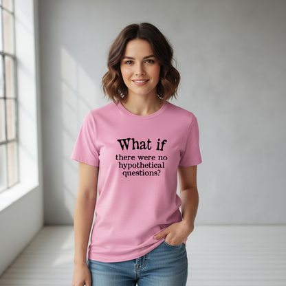 Woman wearing a pink t-shirt with text in a minimalistic setting