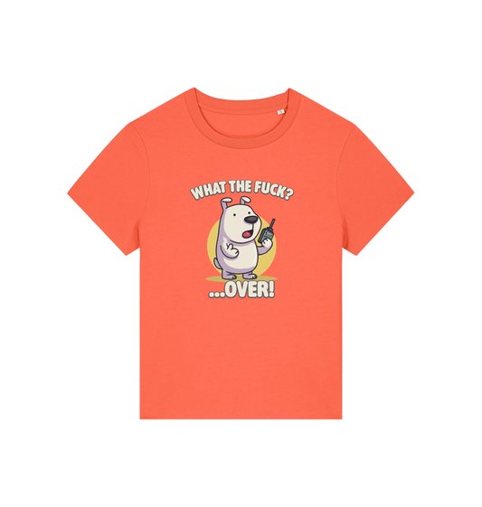 orange funny dog t-shirt with the graphic of a dog talking into a walkie talkie and the slogan 'what the fuck .. over'