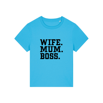 blue mum t-shirt with the slogan 'wife, mum, boss'
