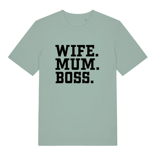 green women's slogan t-shirt with the text 'wife, mum, boss.'