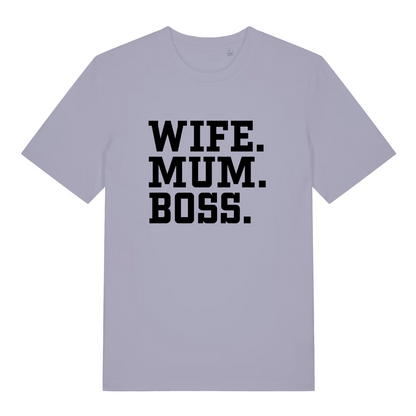 lavender women's slogan t-shirt with the text 'wife, mum, boss.'