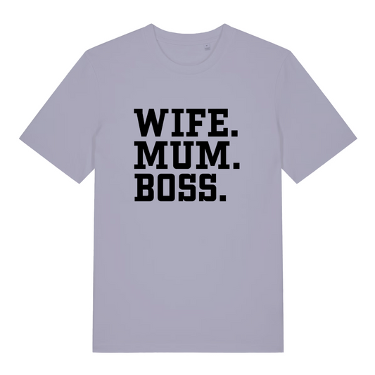 lavender women's slogan t-shirt with the text 'wife, mum, boss.'