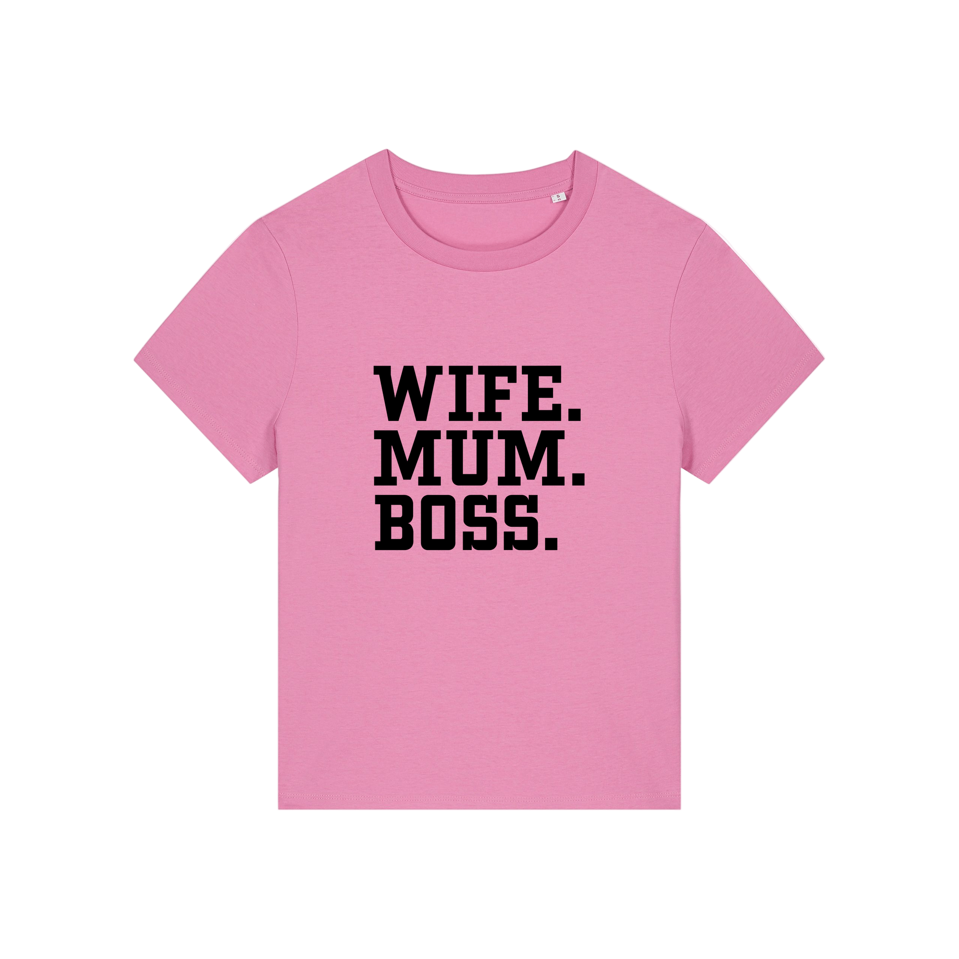 pink mum t-shirt with the slogan 'wife, mum, boss'