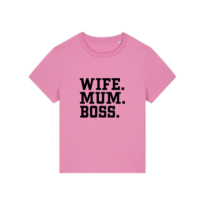 pink mum t-shirt with the slogan 'wife, mum, boss'