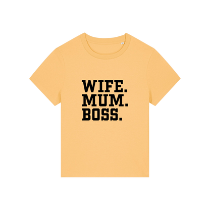 yellow mum t-shirt with the slogan 'wife, mum, boss'