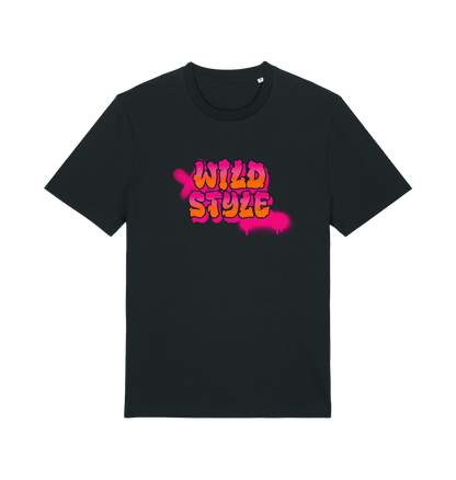 black slogan t-shirt with 'wild style' in a graffiti style
