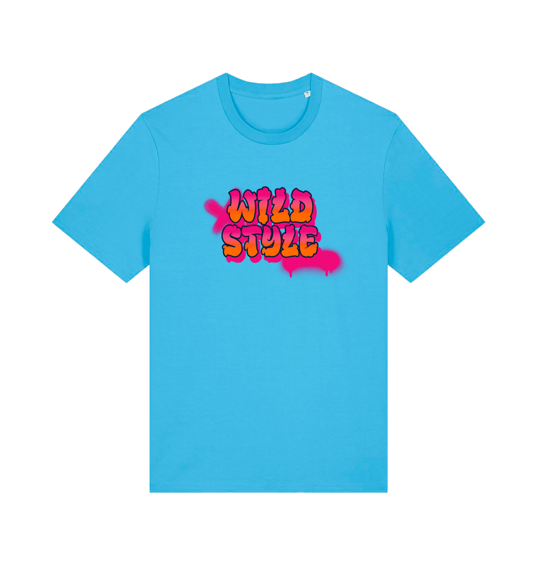 blue slogan t-shirt with 'wild style' in a graffiti style