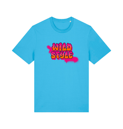 blue slogan t-shirt with 'wild style' in a graffiti style