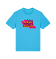 blue slogan t-shirt with 'wild style' in a graffiti style