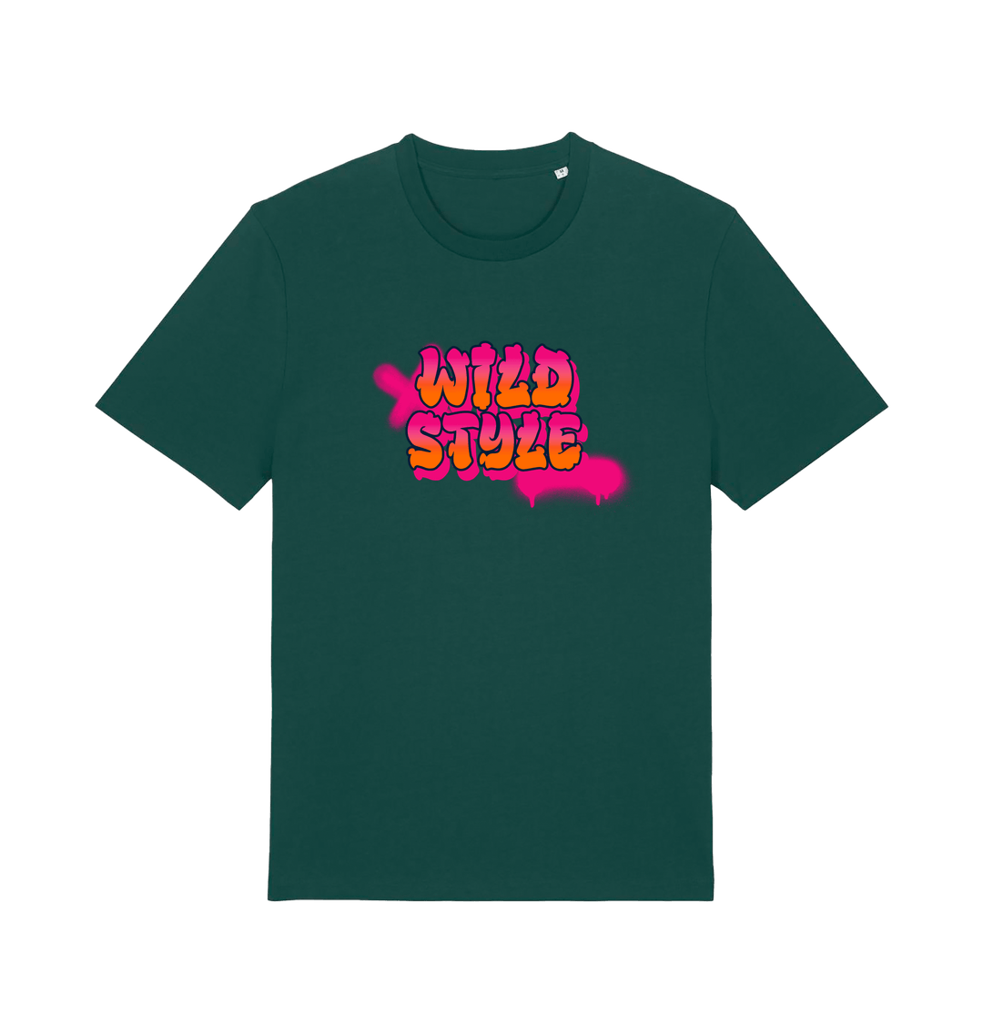 green slogan t-shirt with 'wild style' in a graffiti style