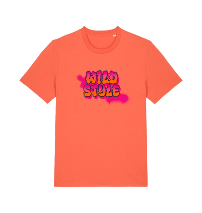 orange slogan t-shirt with 'wild style' in a graffiti style