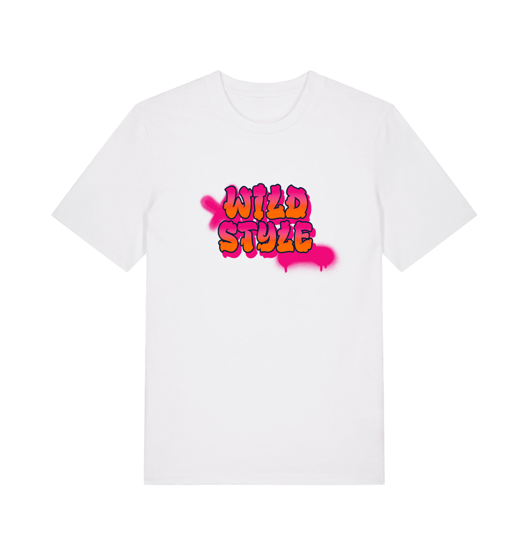white slogan t-shirt with 'wild style' in a graffiti style