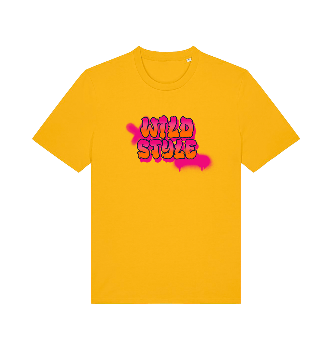 yellow slogan t-shirt with 'wild style' in a graffiti style