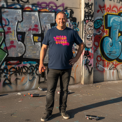 Man wearing a 'Wild Style' t-shirt standing in front of a graffiti-covered wall.