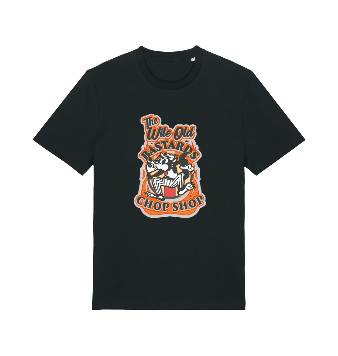 black graphic t-shirt with a retro cartoon cat and the slogan 'the wile ole bastards chop shop'