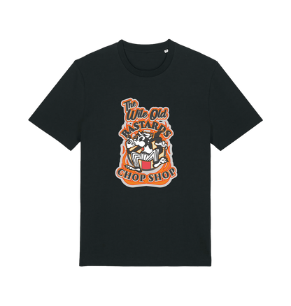 black graphic t-shirt with a retro cartoon cat and the slogan 'the wile ole bastards chop shop'