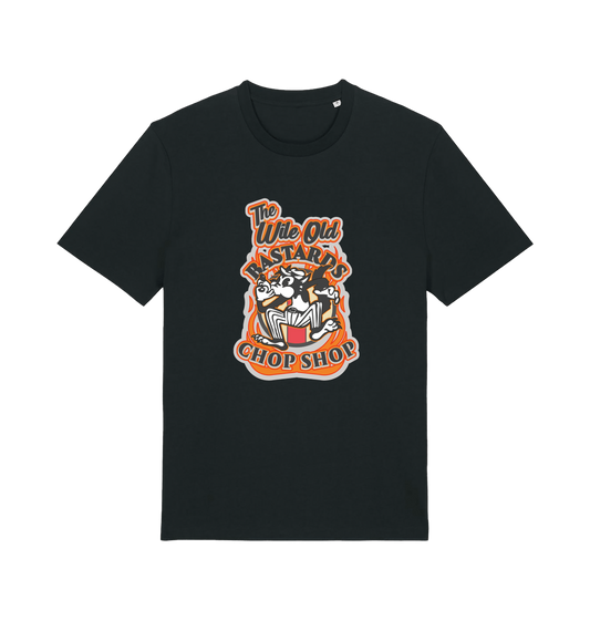 black graphic t-shirt with a retro cartoon cat and the slogan 'the wile ole bastards chop shop'