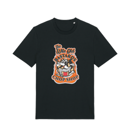 black graphic t-shirt with a retro cartoon cat and the slogan 'the wile ole bastards chop shop'