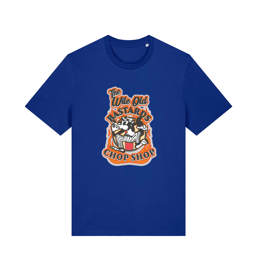 blue graphic t-shirt with a retro cartoon cat and the slogan 'the wile ole bastards chop shop'