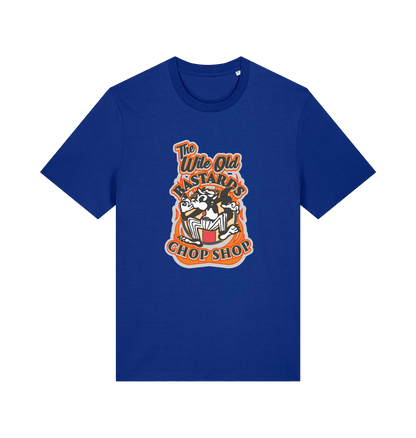 blue graphic t-shirt with a retro cartoon cat and the slogan 'the wile ole bastards chop shop'