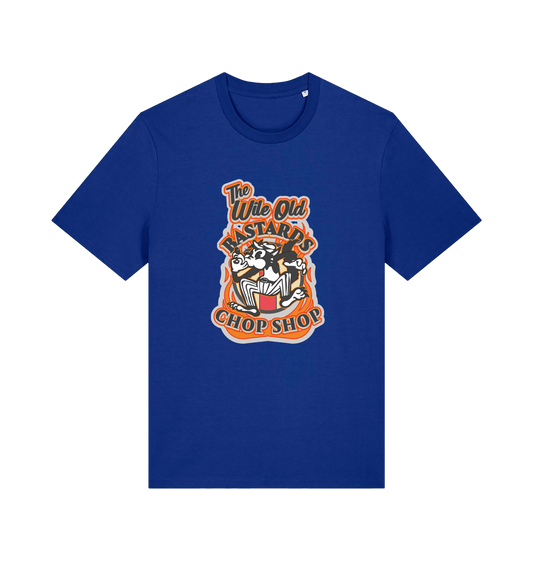 blue graphic t-shirt with a retro cartoon cat and the slogan 'the wile ole bastards chop shop'