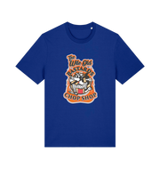 blue graphic t-shirt with a retro cartoon cat and the slogan 'the wile ole bastards chop shop'
