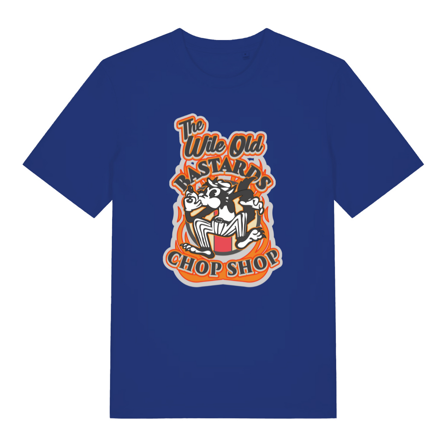 blue graphic t-shirt with a cat design and the slogan 'the wile ole bastards chop shop'