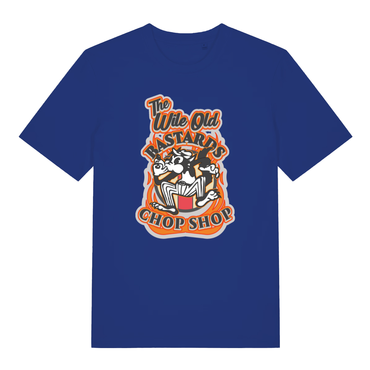 blue graphic t-shirt with a cat design and the slogan 'the wile ole bastards chop shop'