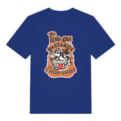 blue graphic t-shirt with a cat design and the slogan 'the wile ole bastards chop shop'