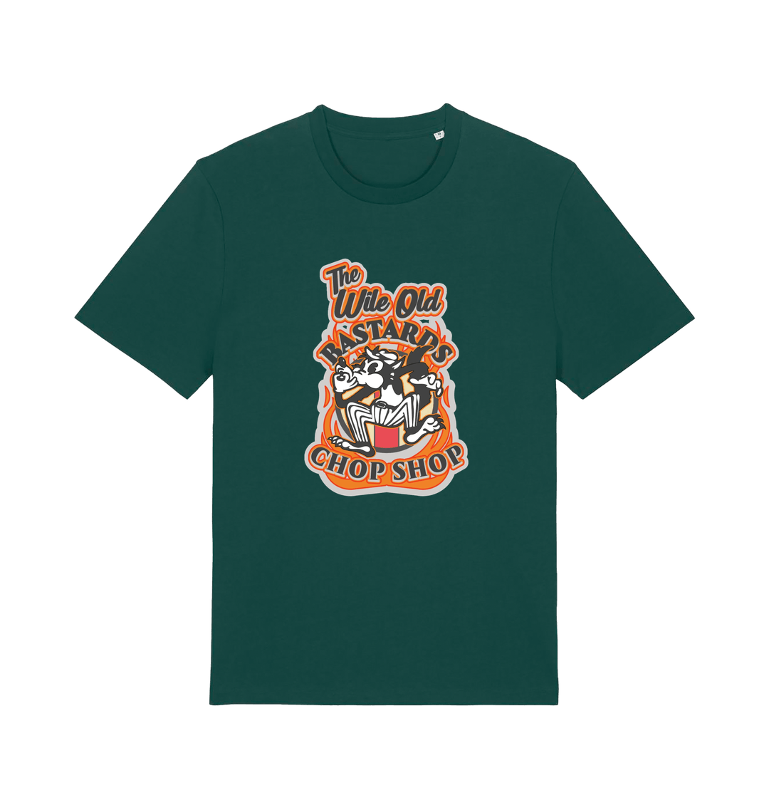 green graphic t-shirt with a retro cartoon cat and the slogan 'the wile ole bastards chop shop'