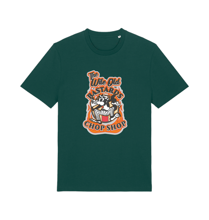 green graphic t-shirt with a retro cartoon cat and the slogan 'the wile ole bastards chop shop'
